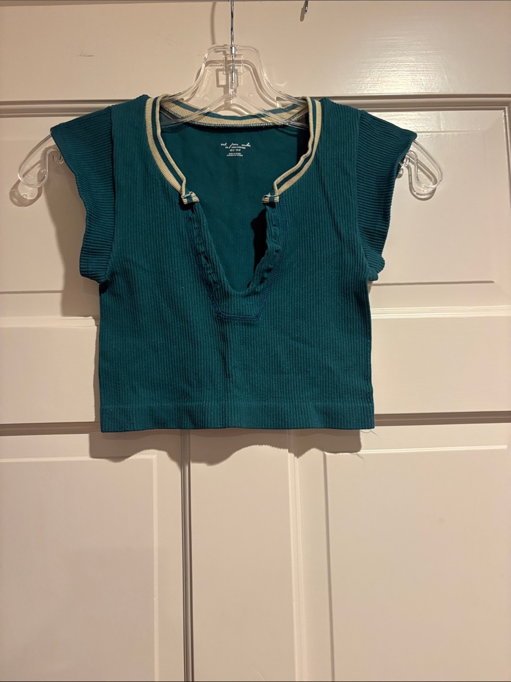 Urban Outfitters Teal Ribbed Cropped Top with Cream-Trim V-Neck